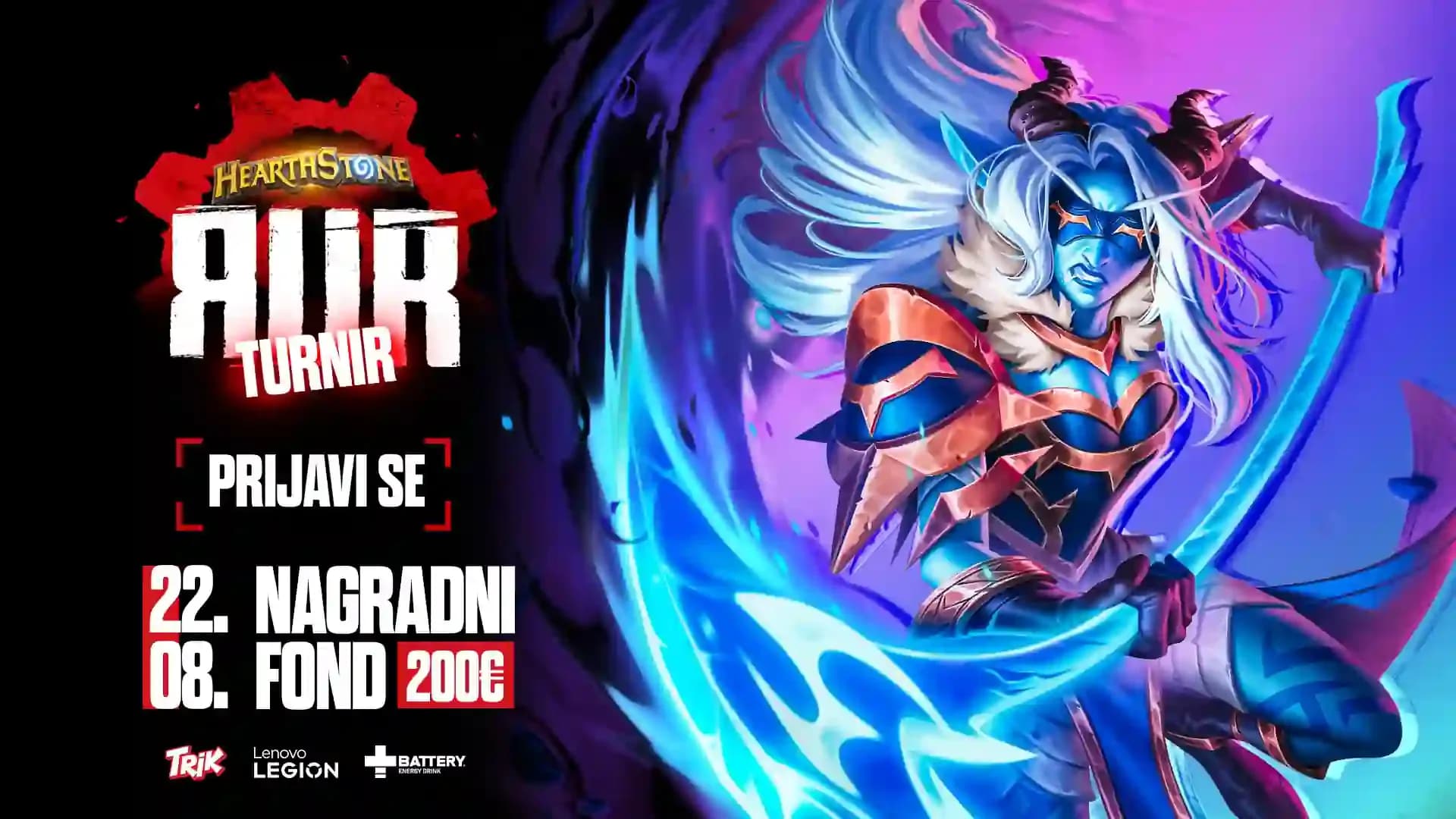 Službeni vizual RUR Hearthstone turnira s datumom 22. kolovoza i nagradnim fondom od 200 eura