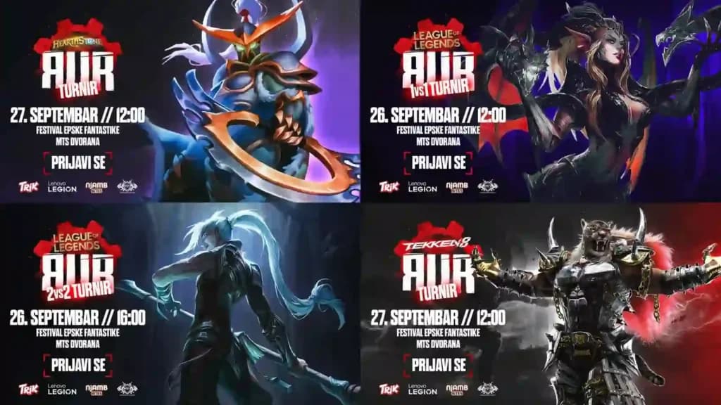 Najavne grafike za RUR Hearthstone, League of Legends 1v1 i 2v2 te Tekken 8 turnire