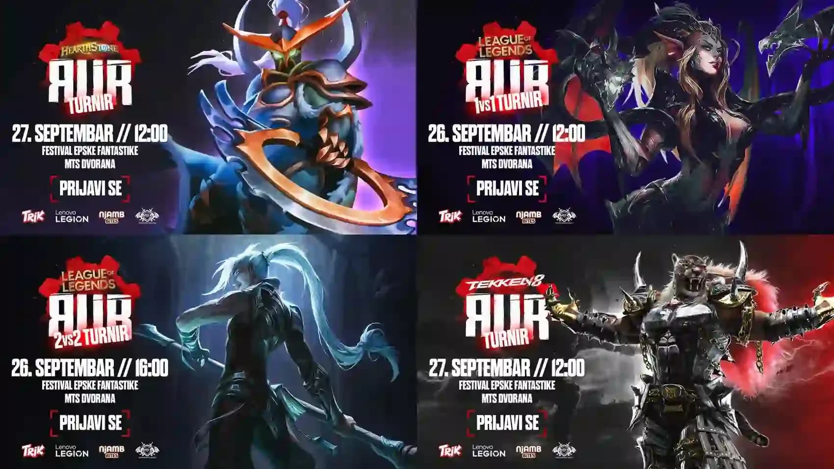 Najavne grafike za RUR Hearthstone, League of Legends 1v1 i 2v2 te Tekken 8 turnire
