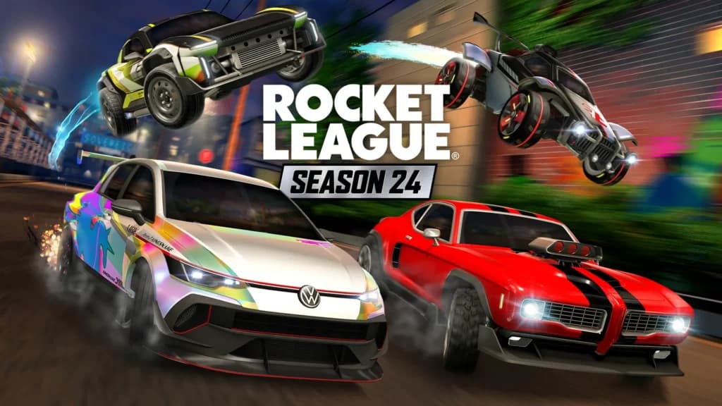 Službeni Rocket League Season 24 vizual s četiri automobila u noćnoj uličnoj utrci