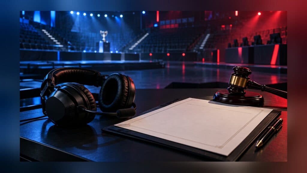Ilustracija disciplinske odluke u esportu s gaming slušalicama i sudačkim čekićem