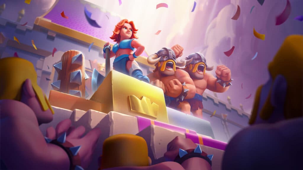 Valkira s velikom sjekirom i barbari slave u areni iz igre Clash Royale.