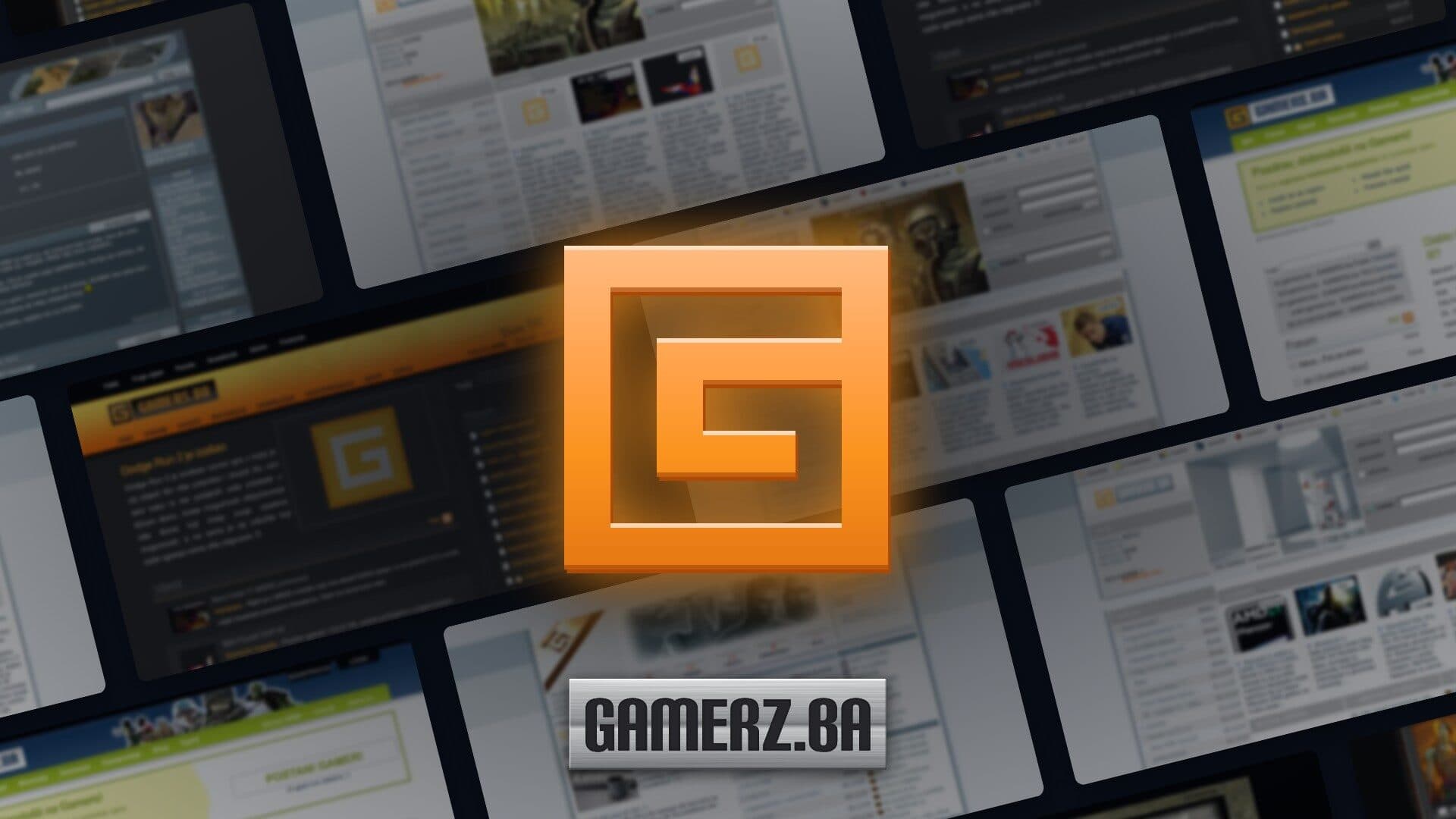 Promotivna grafika s narančastim znakom G i natpisom GAMERZ.BA ispred kolaža starih izgleda stranice.