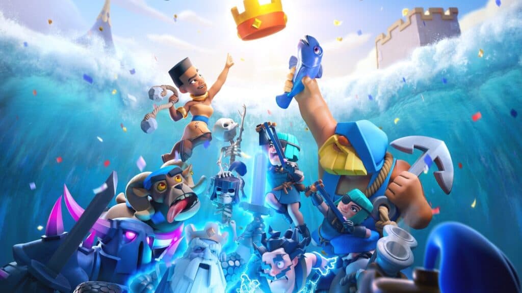 Likovi iz igre Clash Royale okruženi valovima.