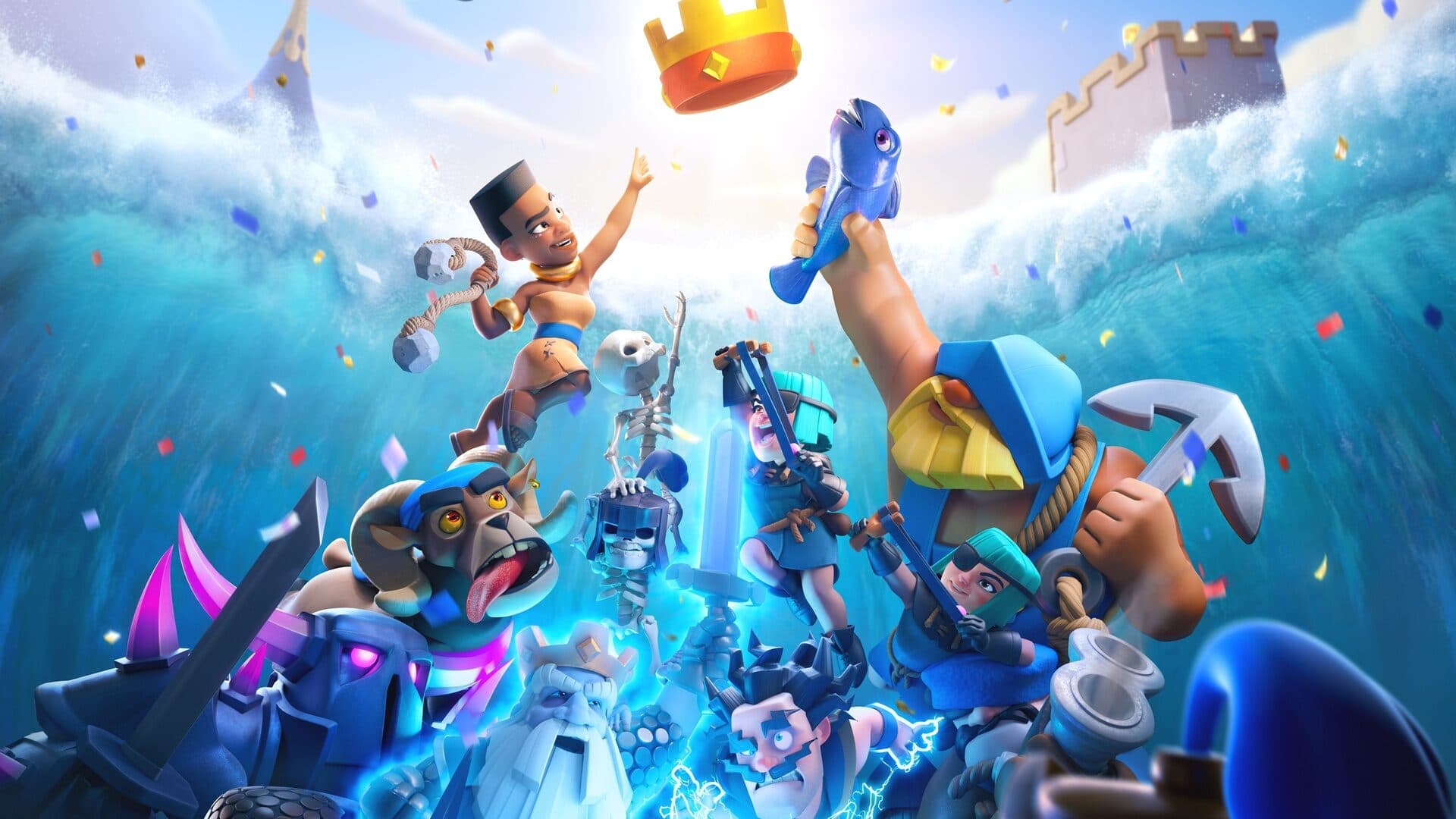 Likovi iz igre Clash Royale okruženi valovima.