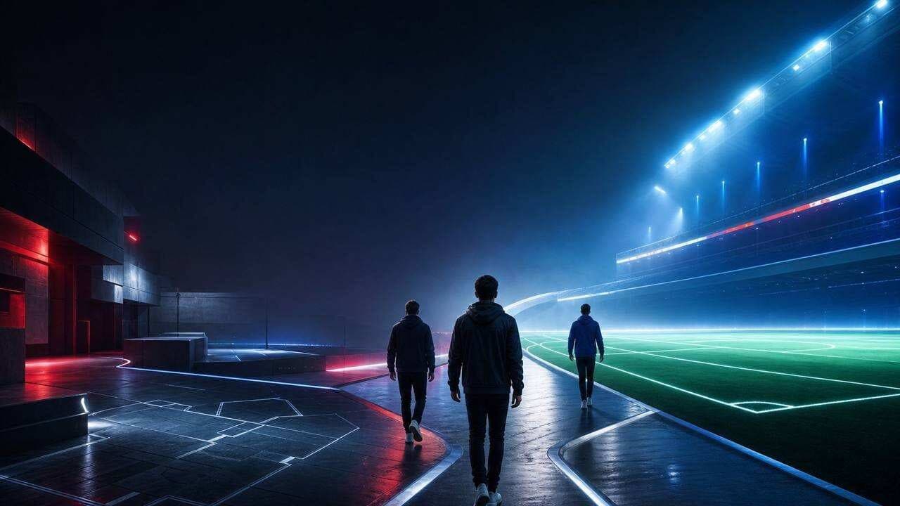 Tri anonimna esport igrača na raskrižju između taktičke arene i digitalnog nogometnog terena